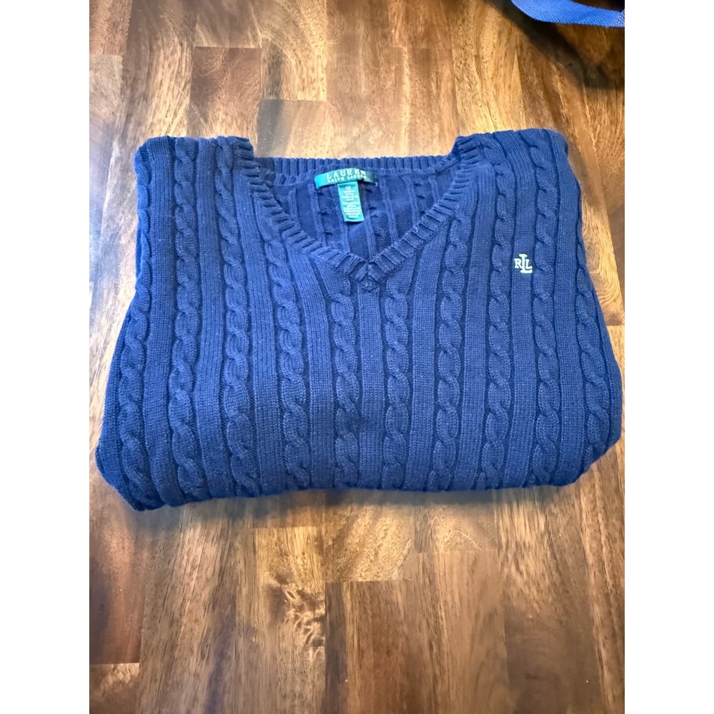 Lauren Ralph Lauren Navy Blue Cable Knit V-Neck Cotton Sweater 1X